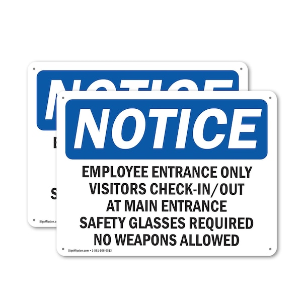 Signmission Employee Entrance Only Visitors Check-In Out OSHA Notice Sign, Plastic, 14in W x 10in L, 2PK OS-2PACK-NS-P-1014-L-11949 - main
